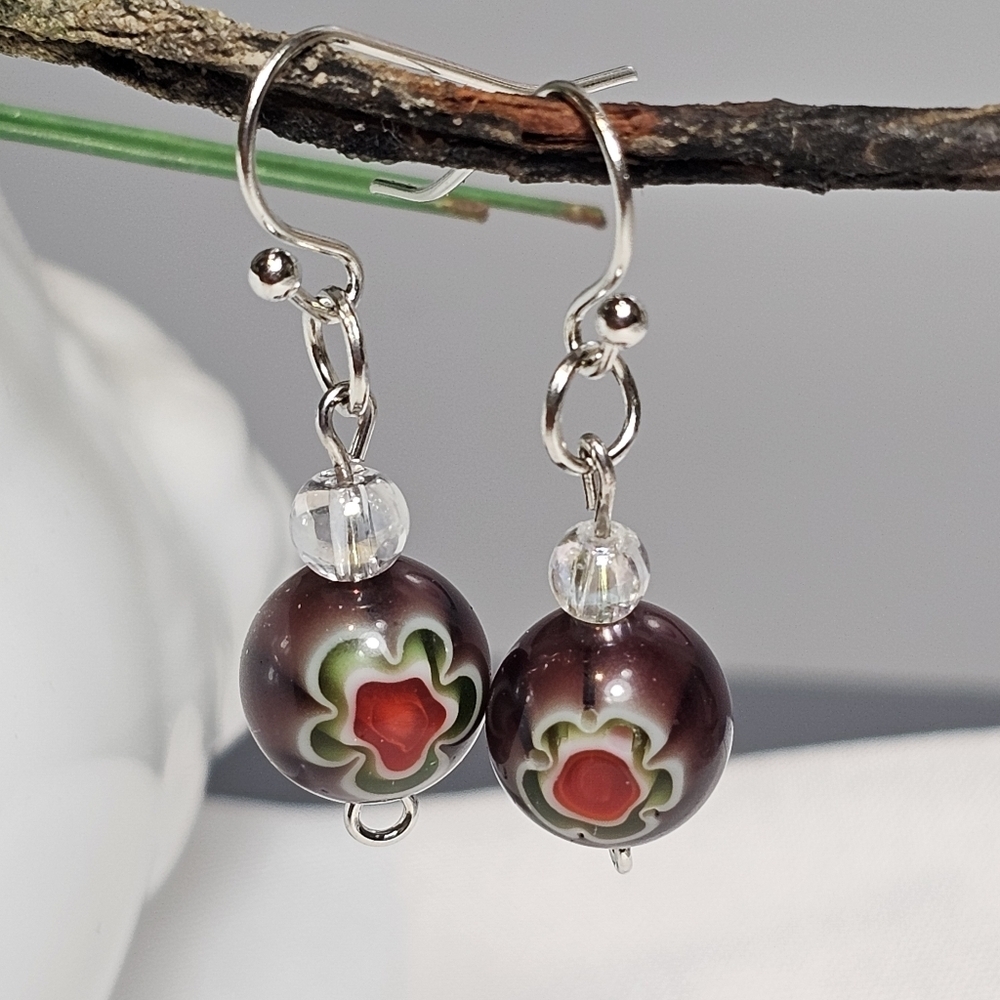 Handmade Simple Cute Murano Millefiori Brown Beaded Dangling Drop Earrings
